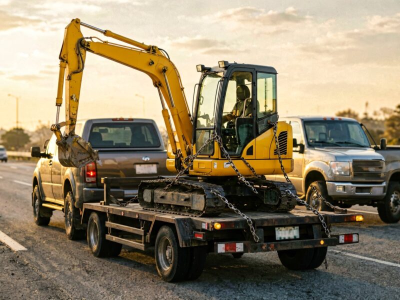 Mini excavator transported on an equipment trailer