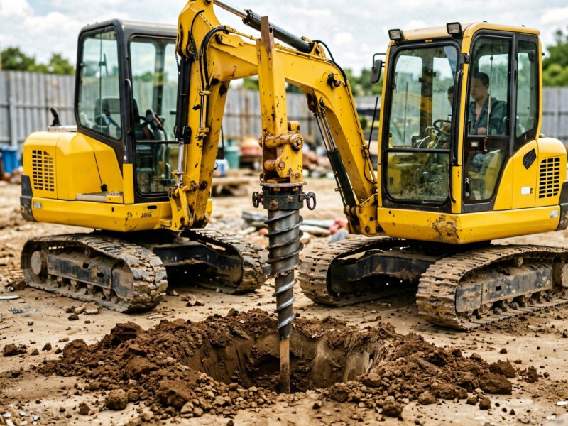 Auger attachment drilling a post hole