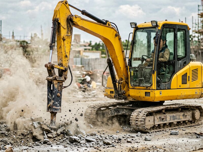Hydraulic breaker attachment on a mini excavator