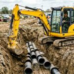 Mini excavator trenching for drainage pipes
