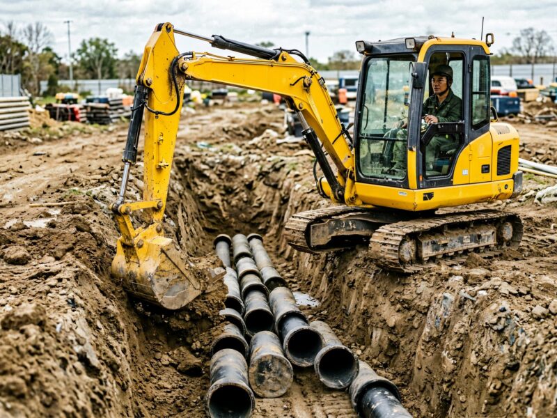 Mini excavator trenching for drainage pipes