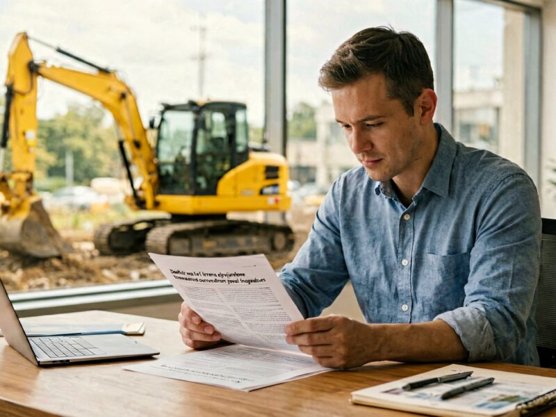 Contractor reviewing financing paperwork beside a mini excavator