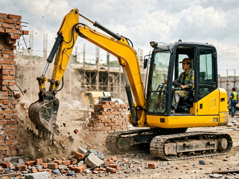 Mini excavator performing demolition work