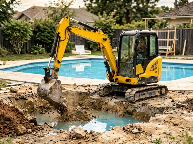 Mini excavator digging a swimming pool excavation