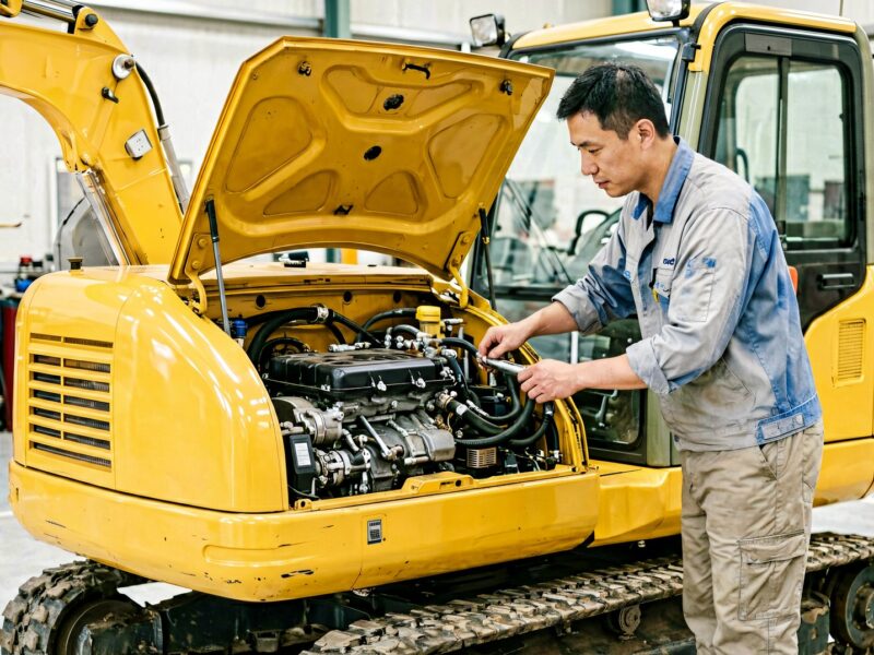Technician performing scheduled maintenance on a mini excavator