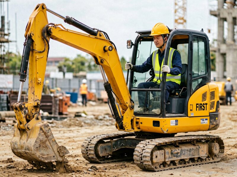 Mini excavator operator wearing full safety gear