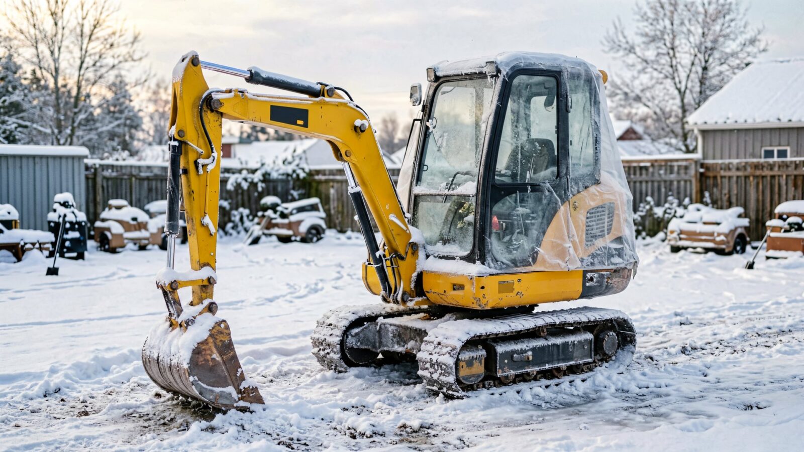 Mini excavator winterized and stored in snow