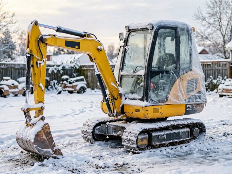 Mini excavator winterized and stored in snow