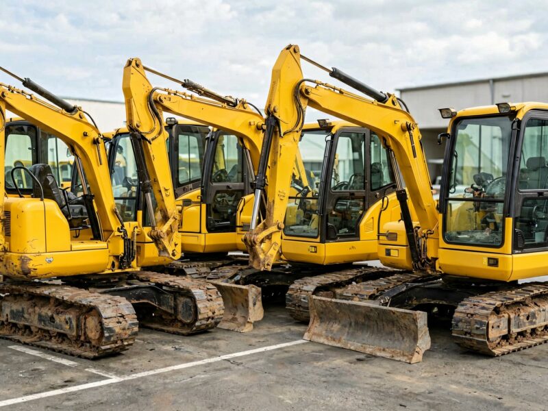 New and used mini excavators at a dealer lot