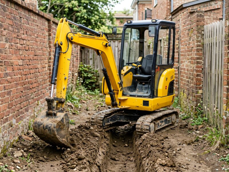 Zero-tail mini excavator working in a tight backyard